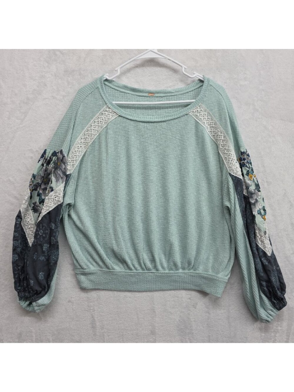 Free People Blouse Womens M Green Waffle Knit Floral Balloon Sleeve Boho Top